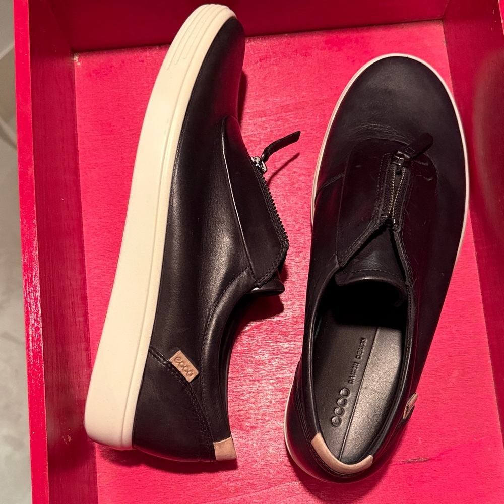 Ecco Women's Black Leather Sneakers with White Sole